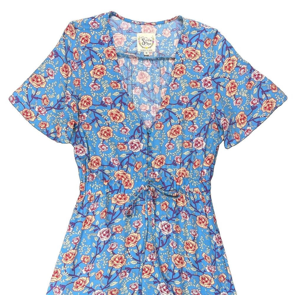 Sunday Mi Amor Dress M Medium Blue Pink Rose Floral Tiered Midi Boho Cottagecore